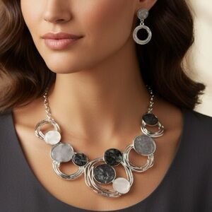 Silver Chunky Necklace Set womens jewelry earrings Black Gray